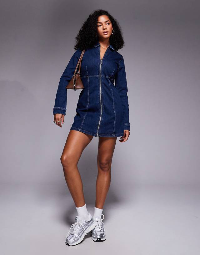 River Island zip front denim mini dress in indigo wash | ASOS