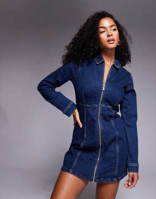 River Island zip front denim mini dress in indigo wash | ASOS