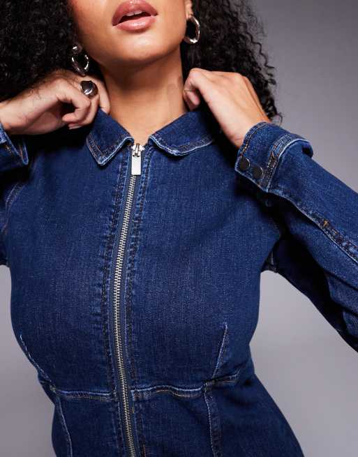 River Island zip front denim mini dress in indigo wash, 3 of 4