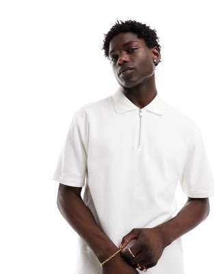 River Island Zip Neck Polo Shirt In Ecru-neutral