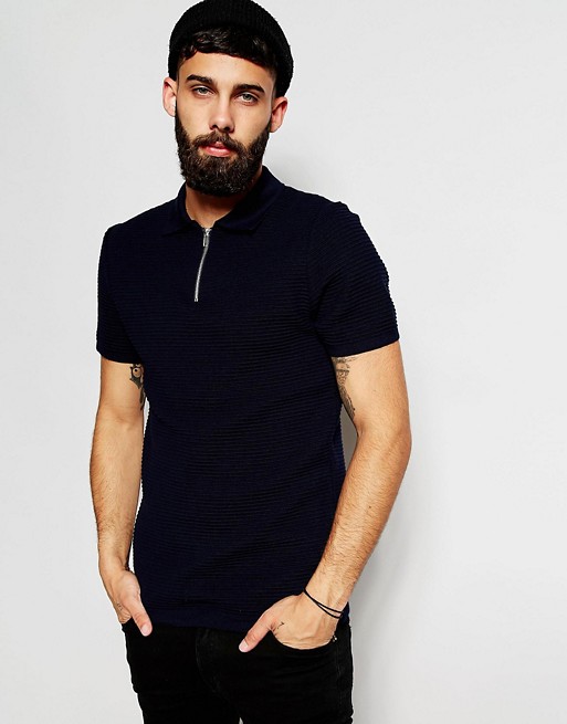 River Island | River Island Zip Neck Ribbed Knitted Polo Shirt