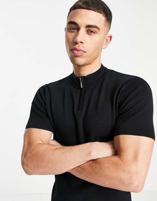 River Island zip neck t-shirt in black | ASOS