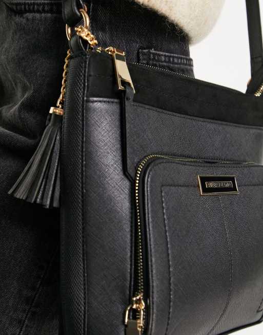 River Island zip pocket messenger bag in black