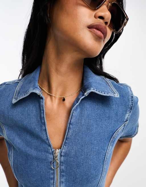 River Island zip through denim playsuit in mid blue wash ASOS