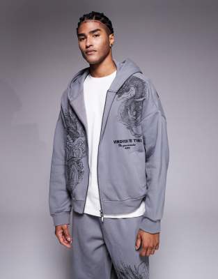 River Island Zip Up Oversized Dragon Print Hoodie In Gray