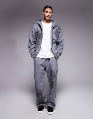River Island Zip Up Oversized Dragon Print Hoodie In Gray