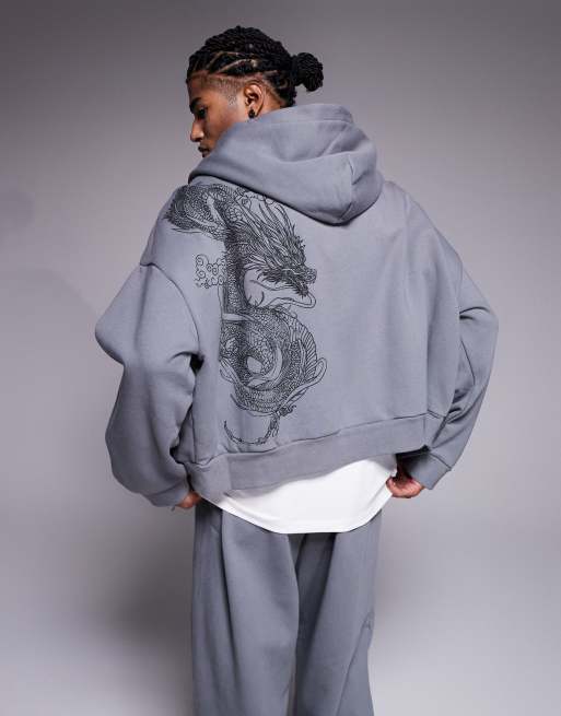 River Island zip up oversized dragon print hoodie in gray | ASOS