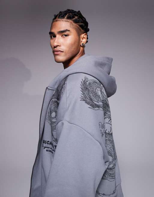 River Island zip up oversized dragon print hoodie in gray | ASOS