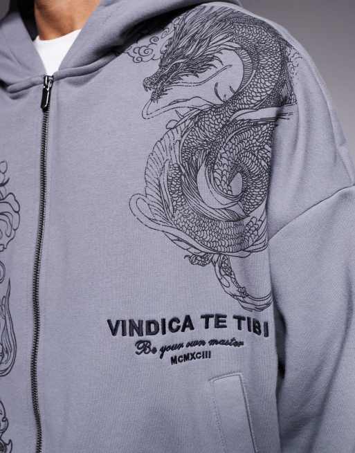River Island zip up oversized dragon print hoodie in gray | ASOS