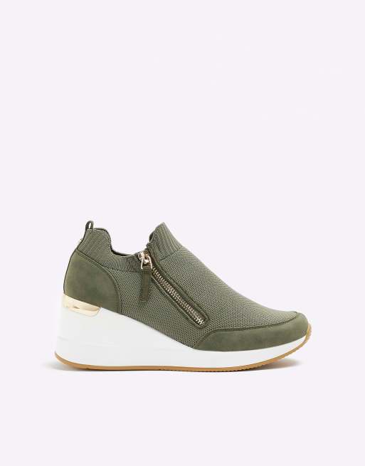 River Island Zip Wedge Runner trainer in Khaki | ASOS