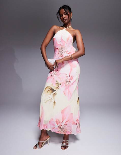 River Island – Żółta sukienka maxi z dekoltem typu halter, w kwiatowy wzór, ze zdobieniem - view 1
