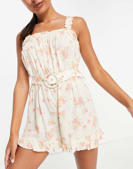 River Island – Żółty krótki kombinezon z paskiem i kwiatowym wzorem