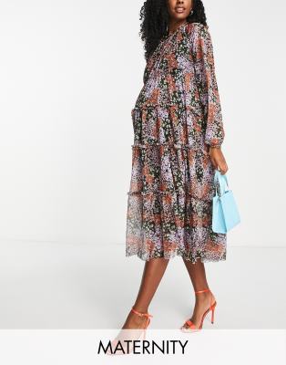 River Island - Zwangerschapskleding - Midi-jurk met bloemenprint en stroken  in zwart | ASOS