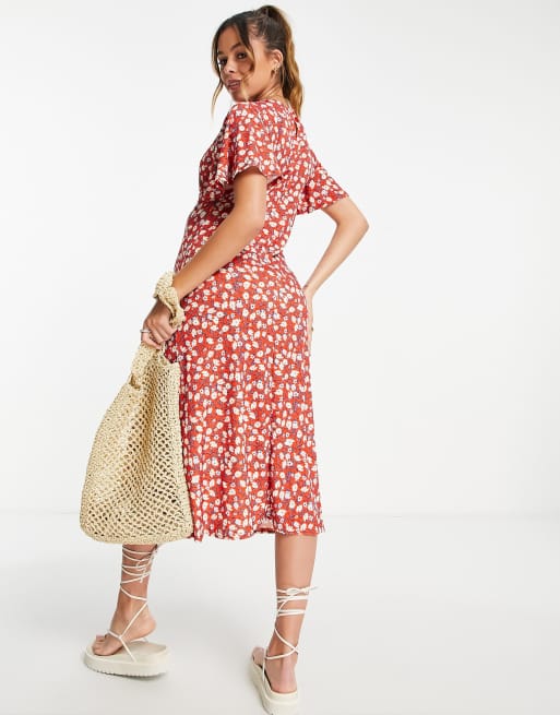 River Island - Zwangerschapskleding - Midi-jurk met bloemenprint in rood, 2 van 4