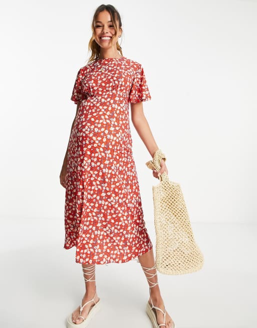 River Island - Zwangerschapskleding - Midi-jurk met bloemenprint in rood, 4 van 4