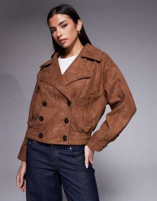 River Island - Zweireihige Bomberjacke aus Wildlederimitat in Hellbraun im Trenchcoat-Stil-Brown