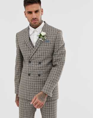 River Island wedding double breasted suit jacket in brown check Brown
