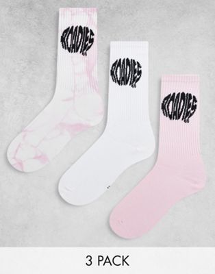 Roadies 3 pack of socks in pink and white tie dye