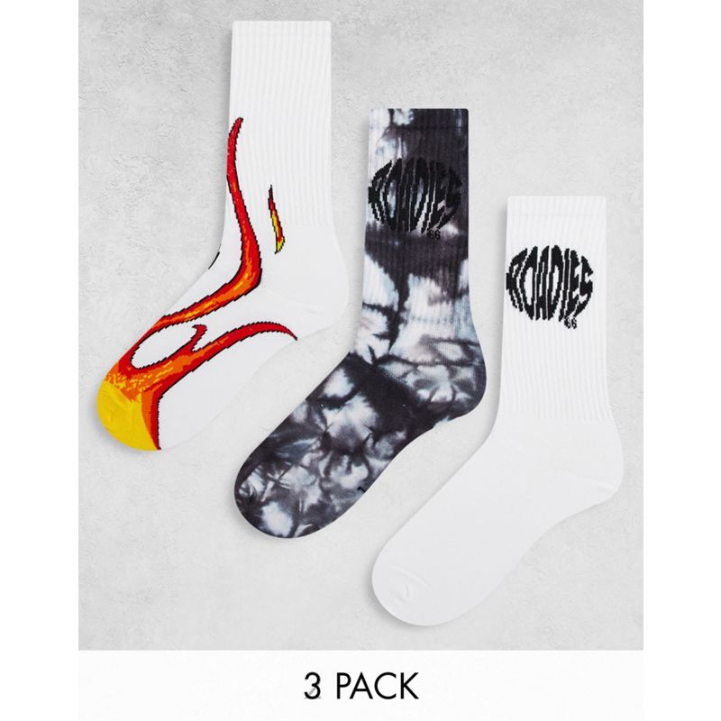 Roadies – 3er-Pack Socken in Weiß und Schwarz mit Batikmuster und Flammendesign