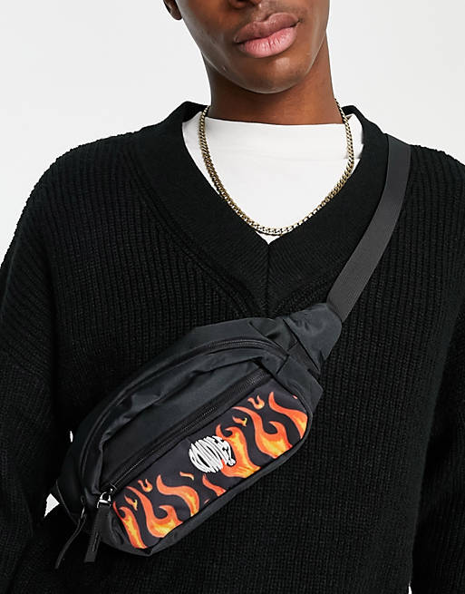 Men Roadies bum bag in black with flame design 
