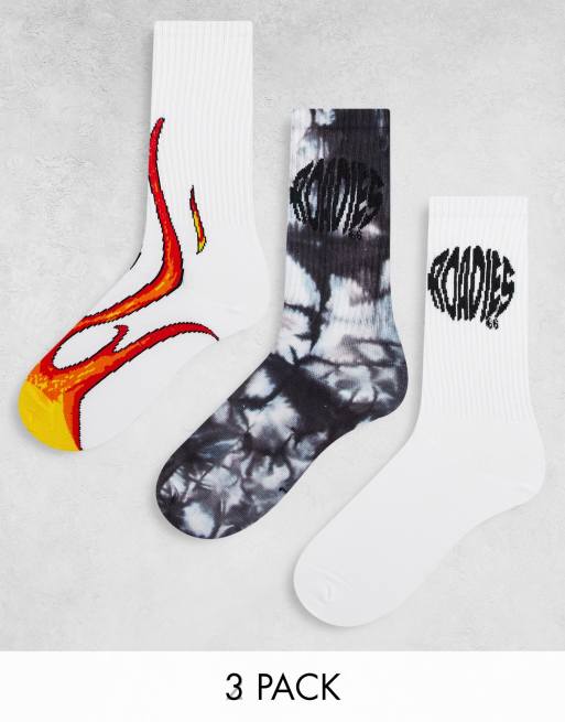 Roadies - Confezione da 3 paia di calzini bianchi con tie-dye nero e stampa di fiamme