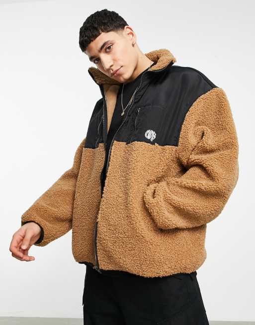 Roadies oversized borg jacket with pocket detail in brown and black