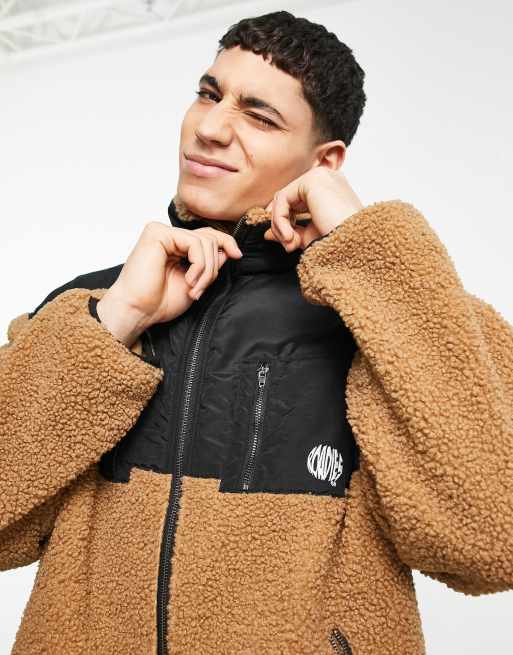 Roadies oversized borg jacket with pocket detail in brown and black