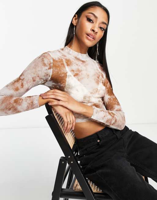 Roadies - Top van mesh met lange mouwen en bruine tie-dye, deel van co-ord set