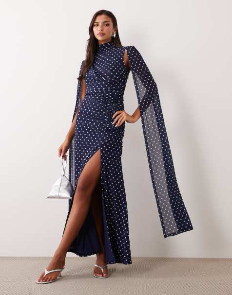 Robe longue à col montant en tulle avec détail cape, fente sur la cuisse et fronces, bleu marine à pois - view 1