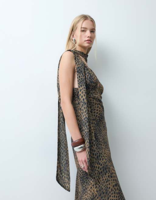 Robe midi à col V Bronze Snake avec écharpe, imprimé animal marron, 4 de 4