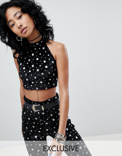 Rokoko Festival High Neck Crop Top In Velvet Star Print Two-Piece