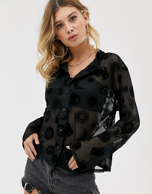 Rokoko fitted button front sheer shirt in sun and moon print