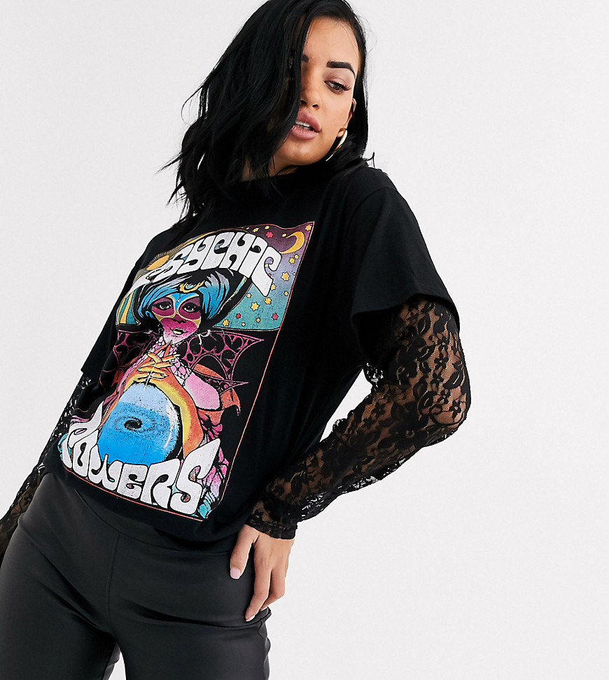 Rokoko fortune teller graphic t-shirt with lace long sleeves-Black