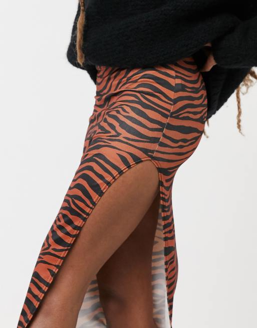 Mini-jupe Moulante Imprimée Tigre - Taille S, Stretch, Couleur Marron - Neuf Sans étiquettes