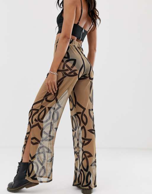 Rokoko mesh wide leg trousers with side splits in tribal print ASOS