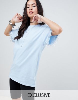 Rokoko - Oversized boyfriend T-shirt afgewerkt met lovertjes-Blauw