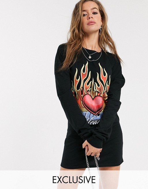 Rokoko oversized long sleeve t-shirt dress with flame graphic