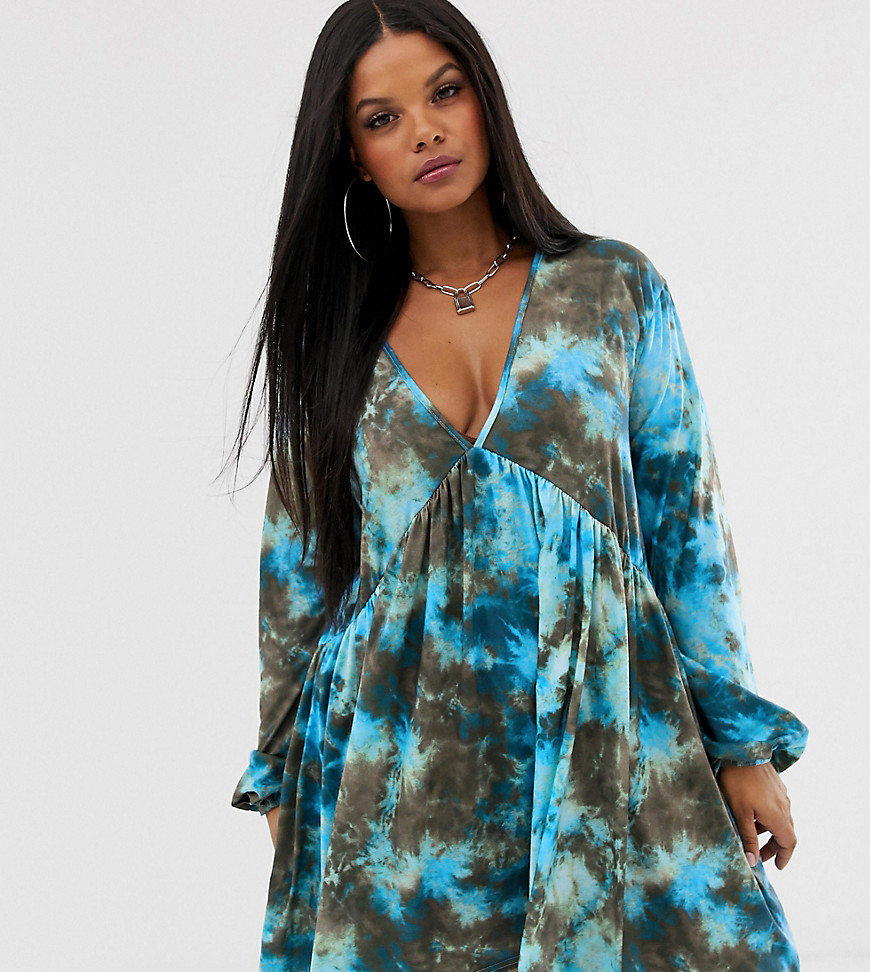 Rokoko Plus – Batikmönstrad, långärmad smockklänning-Brun