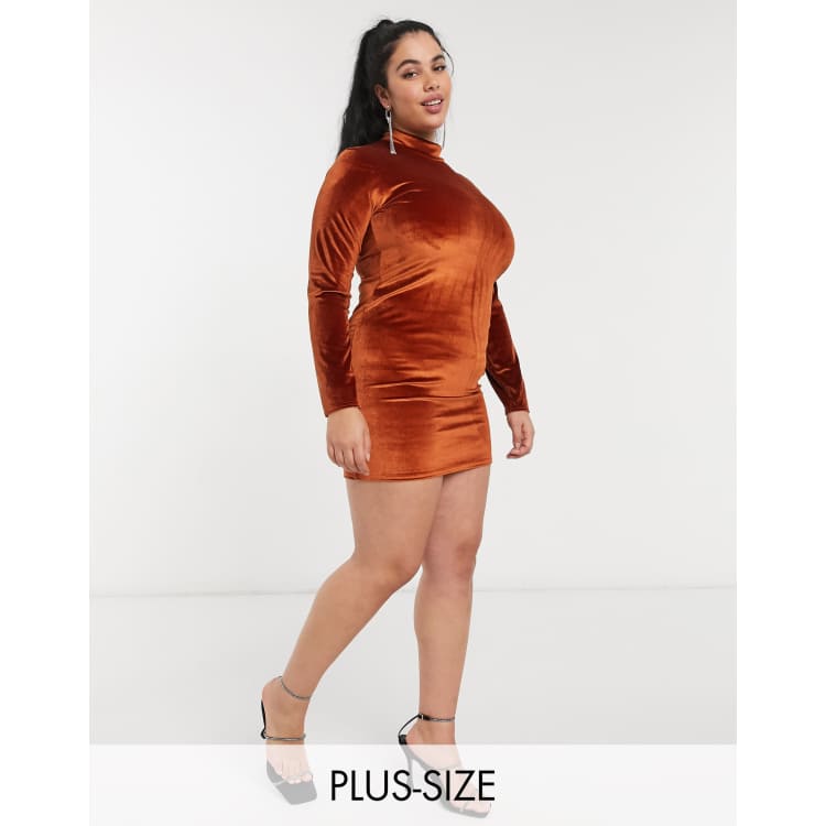 Rokoko Plus high neck long sleeve bodycon dress in burnt orange velvet ASOS