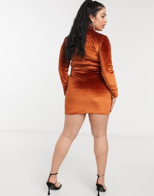 orange velvet long sleeve dress