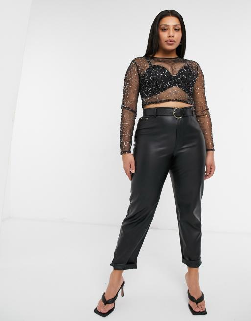 Black Leather Pant & Mesh Sleeves Leather Crop Top Set