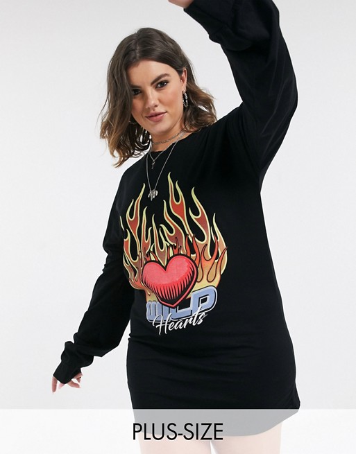 Rokoko Plus oversized long sleeve t-shirt dress with flame graphic