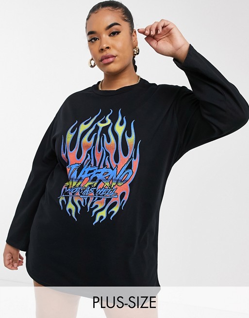 Rokoko Plus oversized long sleeve t-shirt dress with flame graphic