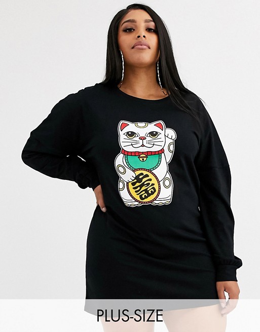 Rokoko Plus oversized long sleeve t-shirt dress with lucky cat