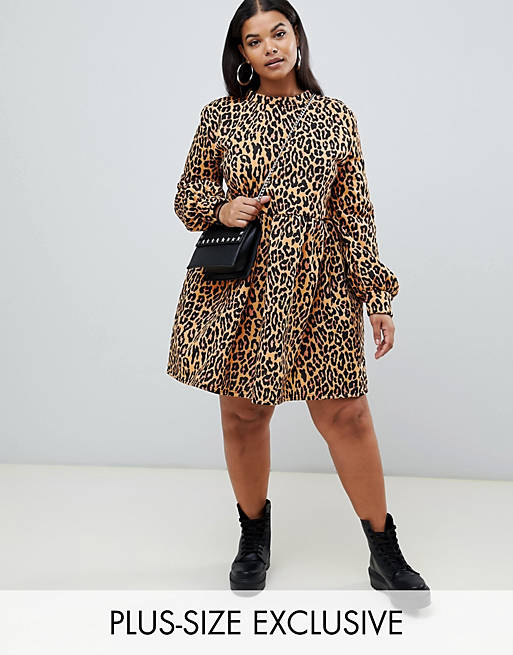 Rokoko Plus oversized smock sweat dress in leopard print
