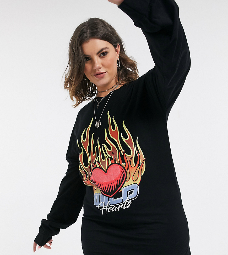Rokoko Plus - Oversized T-shirtjurk met lange mouwen en vlammenprint-Zwart