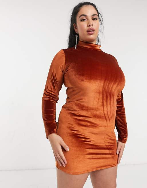 Rokoko Plus - Robe moulante à manches longues et col montant en velours - Orange brûlé, 4 de 4