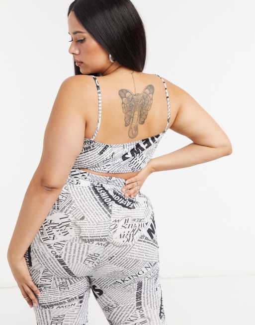 Rokoko Plus square neck strappy crop top in newspaper print co-ord, 2 of 4