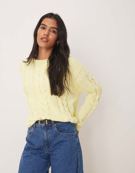 Roxy Chloe cropped cable knit jumper in yellow