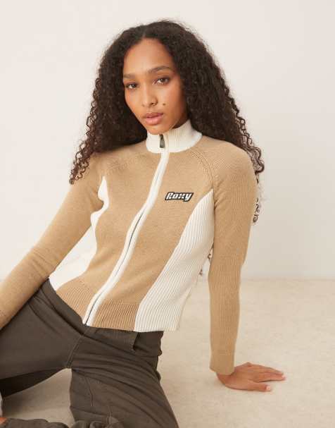 Roxy Chloe kim blocked mock neck full zip jumper in travertine - BROWN